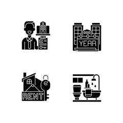 Poster - Realtor agency black glyph icons set on white space. Year built. Rental price for home. Bath room in house. Residential accommodation for living. Silhouette symbols. Vector isolated illustration