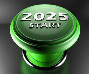 Poster - 2025 START green push button on black background - 3D rendering illustration