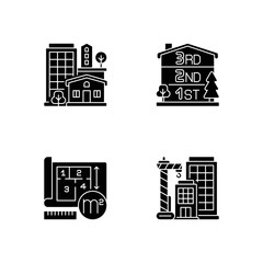 Poster - Residential houses black glyph icons set on white space. Number of stories in multistorey building. New skyscraper. Condominium for dwelling. Silhouette symbols. Vector isolated illustration