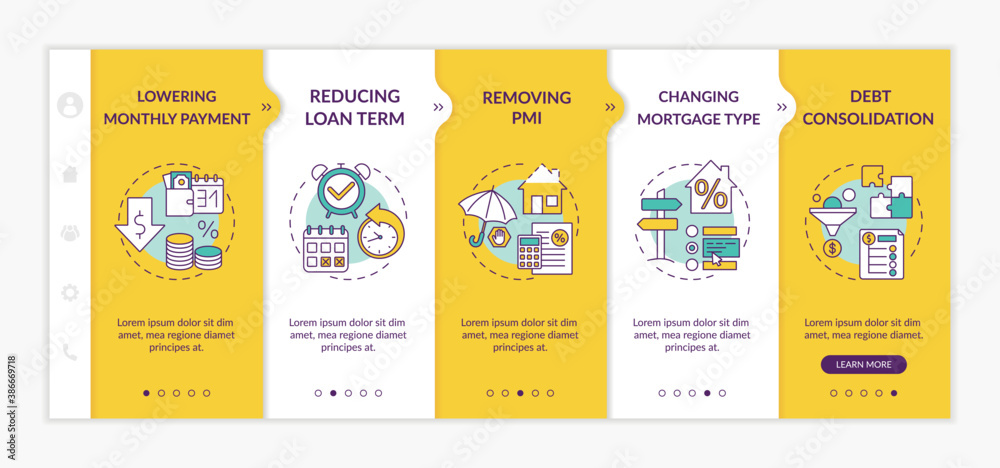 Mortgage borrowing advantages onboarding vector template. Lowering monthly payment. Removing PMI. Responsive mobile website with icons. Webpage walkthrough step screens. RGB color concept - obrazy, fototapety, plakaty 