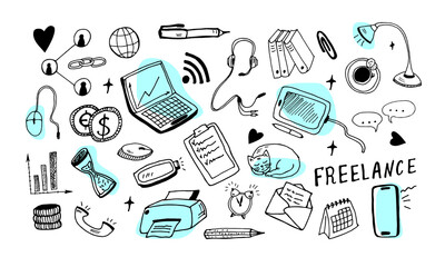 Set of doodls work at home. Work at home concept. Set of drawings black and white. Flexible, home bases, part time job. Doodle illustration for web banners, hero images, printed materials.