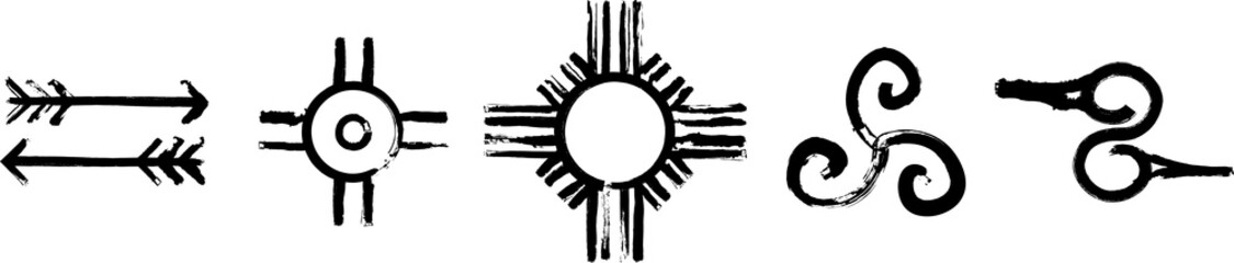 Wall Mural - Most popular Native American Symbols. Symbols of War, Happy, Sun, Homecoming, and Hand. Set of the ancient symbols. Black ink handwriting. Vector