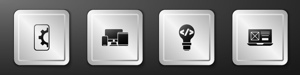 Set Web development, Monitor, mobile, tablet, Front end and UI UX design icon. Silver square button. Vector.