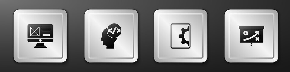 Set UI or UX design, Front end development, Web and Planning strategy concept icon. Silver square button. Vector.