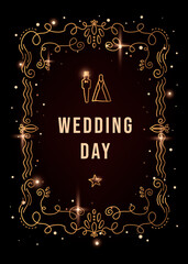 Wall Mural - Vector shine template illustration of wedding day invitation with the bride and groom shape and golden elegant frame on black background.