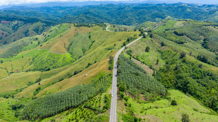 Wall Mural - Winding road, top view of the corner Look at the beautiful aerial view of asphalt roads, highways through mountains and forests in rainy season. For traveling and driving in nature. Nan thailand