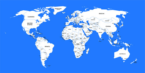 Canvas Print - Blue vector world map complete with all countries and capital cities names. Vector illustration.