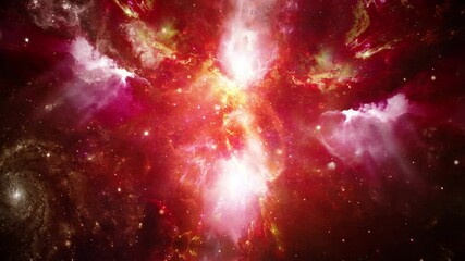 Wall Mural - loop animation of flying through clouds and gas in space nebulas towards bright red light loop anima