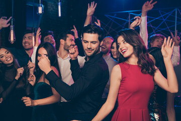 Sticker - Photo portrait of nice couple dancing together at student party wearing stylish bright formal clothes