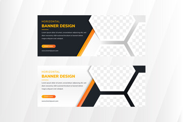 Poster - Abstract Horizontal banner design use hexagon shape in space for photo. orange gradient with black and white colors combination. 