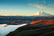 View of Elbrus mount at sunrise from Gil-Su valley in North Caucasus, Russia. Beautiful autumn landscape