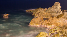 Manzanillo City At Night In Mexico, Night Shots Of Water And Rocks, Long Exposure Photo In Mexico, Long Exposure Photo Near The Sea And Rocks
