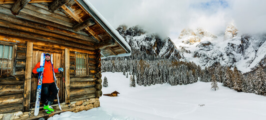 Fototapete - Skiing with amazing panorama of Pale di Sant Martino di Castrozza, Dolomites mountain, Italy