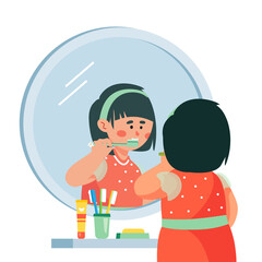 Sticker - Girl brushing her teeth - colorful flat design style illustration