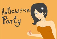 Pumpkin Orange Halloween Party Invitation. Lady Wearing Full Makeup, Choker, Ghost Hairpin And Sexy Orange Dress With Straps. She's Holding A Ticket. Her Hair Is Black, Middle Length And A Bit Messy.