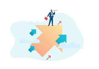 Business opportunity concept. Businessman flies up over growing chart. Flat vector illustration