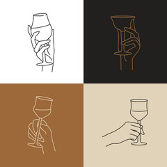 Vector design linear template signs or emblems - hands in different gestures glass of drink