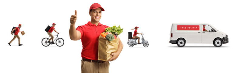 Wall Mural - Courier with a bag of groceries from a food delivery company with other workers and a van