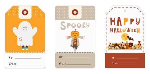 Sticker - Halloween Gift Tags Set with Halloween Characters and Symbols – Ghost, Jack-o-lantern, Autumn City. Vector Illustration.