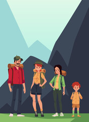 Wall Mural - Family of hikers or tourists at mountains background flat vector illustration.