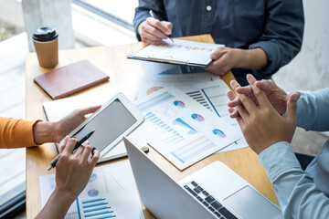 Poster - Business team collaboration discussing working analyzing with financial data and marketing growth report graph in team, presentation and brainstorming to strategy planning making profit of company