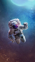 Poster - Astronaut in bright galaxy. Universe and spaceman. Astronaut in the outer space. Vertical wallpaper. Elements of this image furnished by NASA
