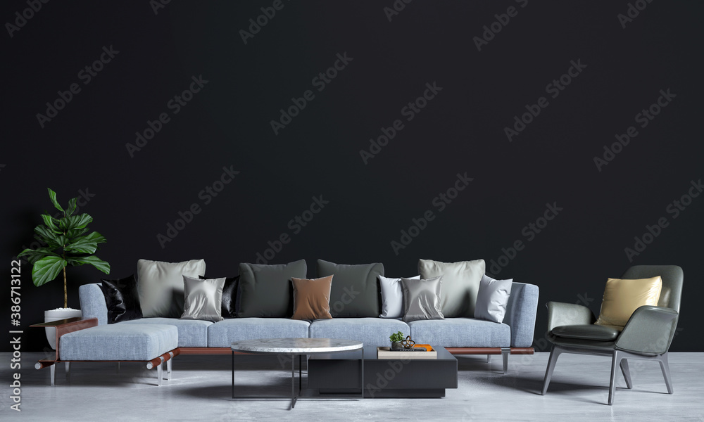 Modern interior design and mock up furniture of living room and black wall texture background - obrazy, fototapety, plakaty 