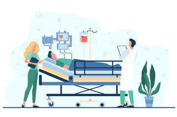 Doctor and nurse giving medical care to patient in bed isolated flat vector illustration. Cartoon medicine specialists giving support for man. Intensive therapy and healthcare concept