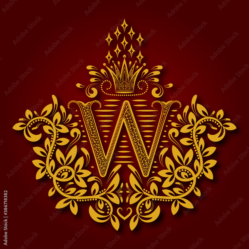 Letter W heraldic monogram in coats of arms form. Vintage golden logo ...