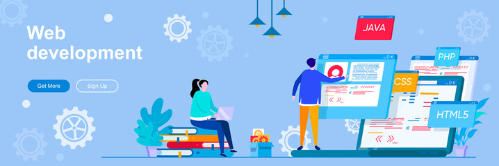 Web development landing page with people characters. Software engineering web banner. Full stack web development company vector illustration. Flat concept great for social media promotional materials.