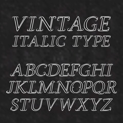 Poster - Vintage letters with flourishes. Vintage italic type font in baroque style. Vintage latin alphabet. White outline italic type capital letters on a black textured background.