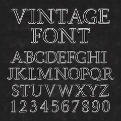 Poster - Vintage letters and numbers with flourishes. Font in baroque style. Vintage latin alphabet with numbers. White outline capital letters and numbers on a black textured background.