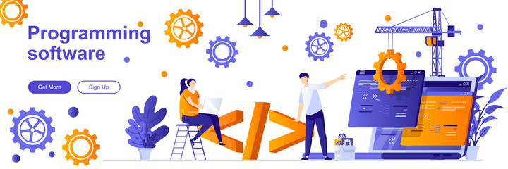 programming software landing page with people characters. programs development web banner. software 