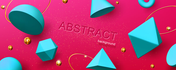 Poster - Abstract background or banner with geometric 3d shapes hemisphere, octahedron, sphere or torus, cone and pyramid on red backdrop with golden pearls and rings, creative design, vector illustration