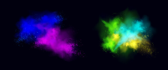 Wall Mural - color powder explosions isolated on black background. splash and spray of paint dust with particles.