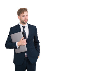 Handsome man in formal style hold computer using digital information and communication technology for work, e-business, copy space
