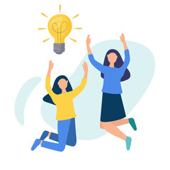 Girls are jumping with happiness. The bulb that shines. Vector illustration with the concept of business idea. Teamwork. Creative and analytical thinking.