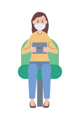 Sticker - woman wearing medical mask using tablet seated in chair