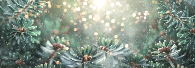 Wall Mural - beautiful green fir tree branches close up. christmas and winter concept. soft focus, macro.
