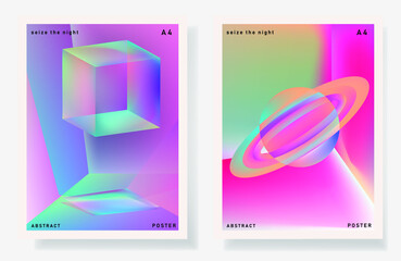 Poster - Set of minimal posters with abstract composition of glowing neon shapes and planets. Synthwave and vaporwave style covers for music or dance event.