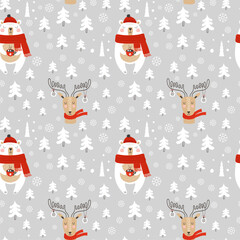 Wall Mural - seamless pattern with christmas bear and deer. vector