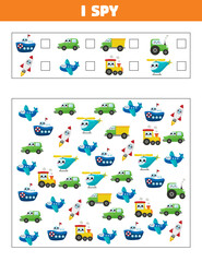 Wall Mural - I spy educational game for preschool kids. Learn count. Transportation theme. Printable activity worksheet.