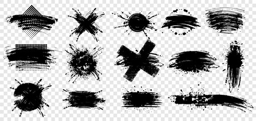 Poster - Collection of black paint. Spray paint elements, brush stroke, black splashes set. Black grunge.Creative dirty artistic design elements, boxes, frames for text.  Vector illustration