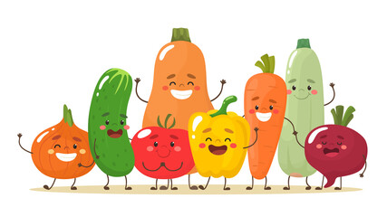 Happy and cute vegetables together. Vector characters in flat cartoon style.