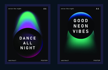 Poster - Set of minimal posters with abstract composition of glowing neon planets. Synthwave and vaporwave style covers for music or dance event.