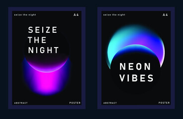 Poster - Set of minimal posters with abstract composition of glowing neon planets. Synthwave and vaporwave style covers for music or dance event.