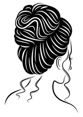 Wall Mural - Silhouette of the head of a cute lady. The girl demonstrates her hairstyle stoves for long and medium hair. Suitable for logo, advertising. Vector illustration.