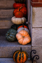 Boston, Massachusetts Halloween Pumpkins On Residential Steps On Beacon Hill.