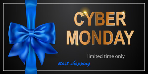 Wall Mural - Cyber Monday sale banner with blie bow and ribbons on black background. Vector illustration for posters, flyers or cards.