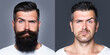 © Volodymyr - Bearded man with beard and mustache in barbershop. Shaved vs unshaven Barber hair salon.